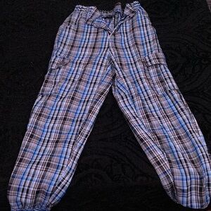 blue black and white cargo pants.
